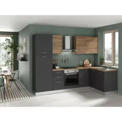 Einbauküche Eckküche Möbelix Freia mit Kühlschrank 270x165 cm Anthrazit/Nussbaum