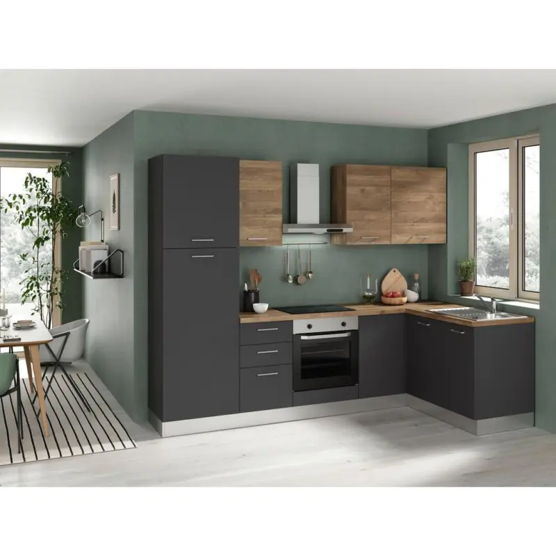 Einbauküche Eckküche Möbelix Freia mit Kühlschrank 270x165 cm Anthrazit/Nussbaum