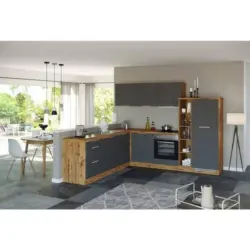 Einbauk&uuml;che Eckk&uuml;che M&ouml;belix Florenz Mit Ger&auml;ten 240x270 Cm Grau/eichefarben