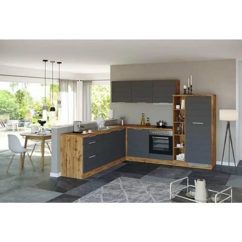 Einbauk&uuml;che Eckk&uuml;che M&ouml;belix Florenz Mit Ger&auml;ten 240x270 Cm Grau/eichefarben