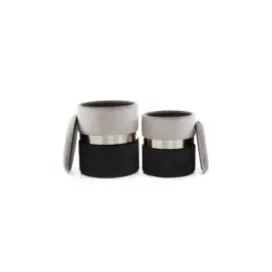 Hocker Pouf-Set Samt Grau/Schwarz 2-teilig