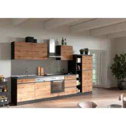 K&uuml;chenzeile Turin Mit Ger&auml;ten B: 330 Cm Graphitfarben/eiche