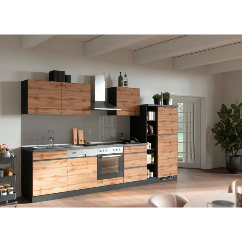 K&uuml;chenzeile Turin Mit Ger&auml;ten B: 330 Cm Graphitfarben/eiche