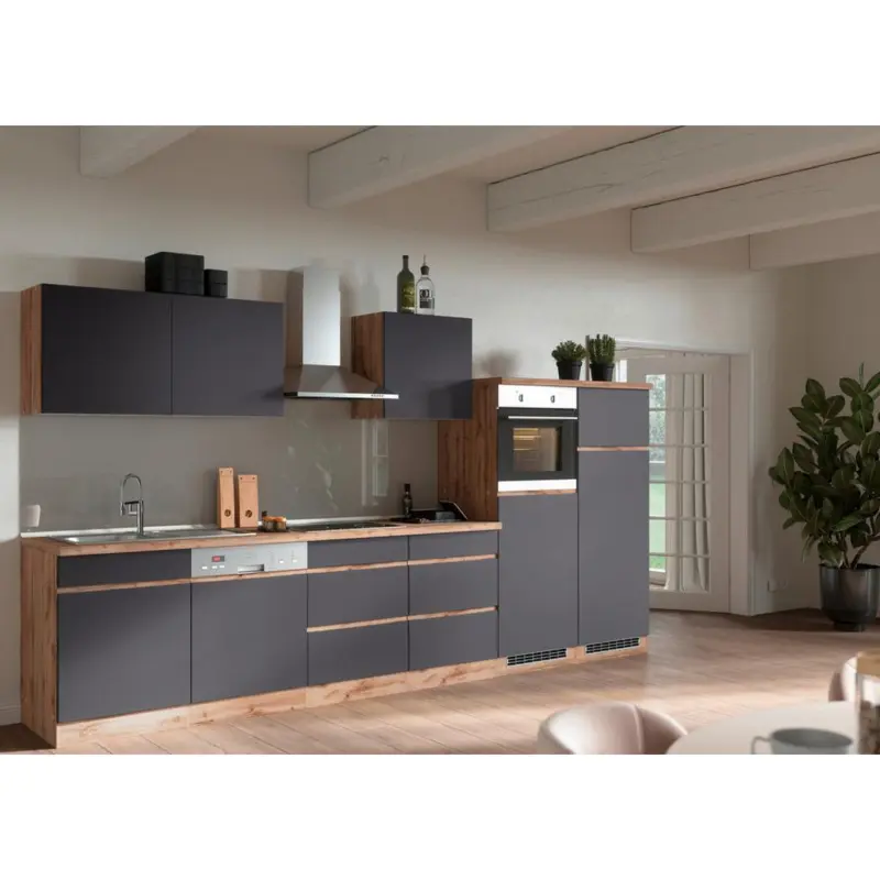 Küchenzeile Turin Mit Geräte B: 360cm Grau/wotaneiche Dekor