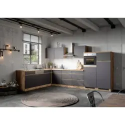 Einbauküche Eckküche Möbelix Turin Mit Geräten 240x360 Cm Grau/eiche Dekor