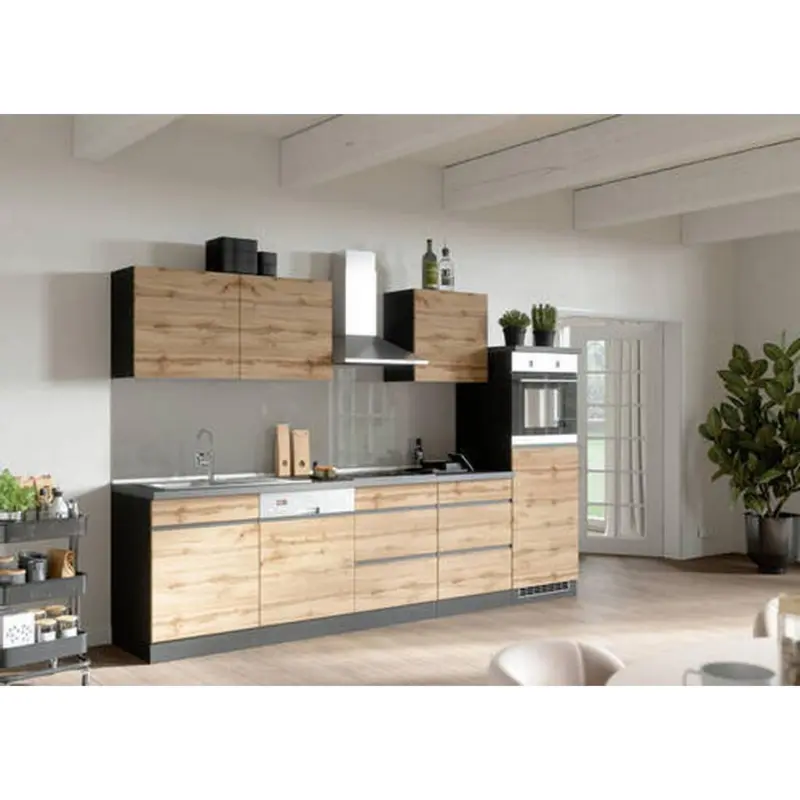 K&uuml;chenzeile Turin Mit Ger&auml;ten B: 300 Cm Graphitfarben/eiche