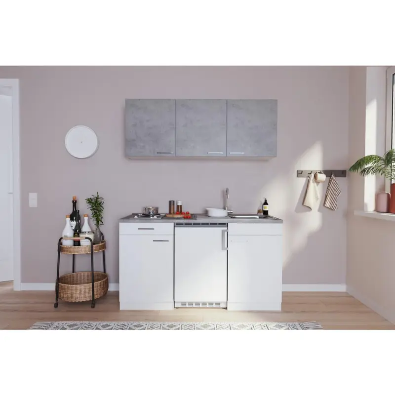 Miniküche mit Kühlschrank und Kochfeld B: 150 cm Grau/Weiß