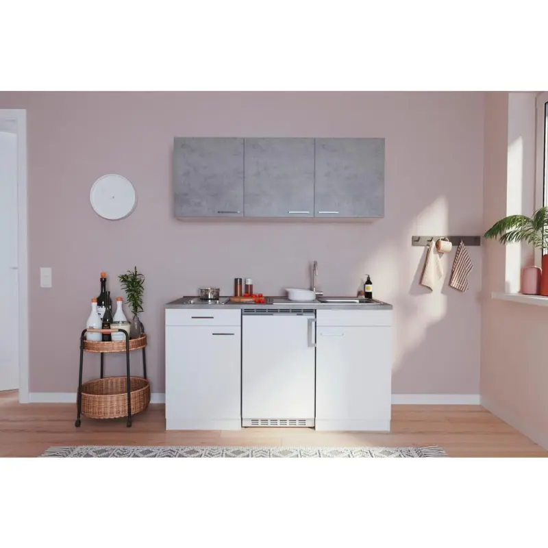 Miniküche mit Kühlschrank und Kochfeld B: 150 cm Grau/Weiß