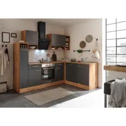 Einbauküche Eckküche Möbelix mit Geräten 250 cm Grau/Wildeichefarben