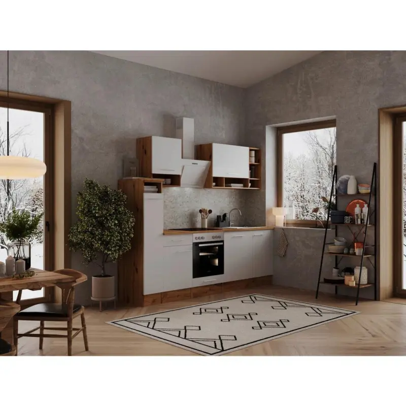 Küchenzeile mit Geräten B: 250 cm Weiß/Eiche Dekor