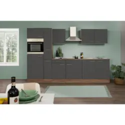 K&uuml;chenzeile Mit Ger&auml;ten B: 300 Cm Grau/eiche Dekor