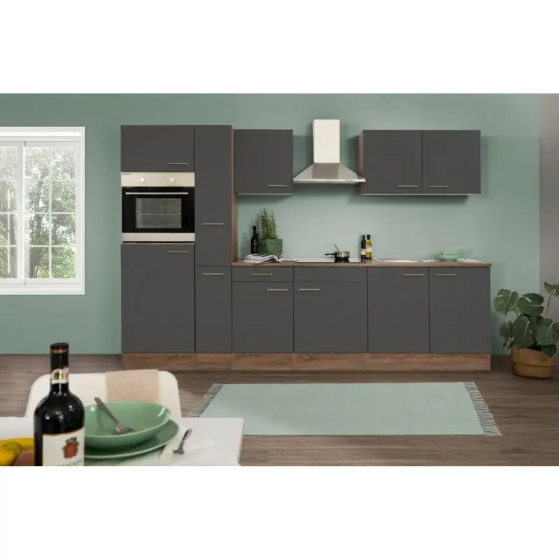 K&uuml;chenzeile Mit Ger&auml;ten B: 300 Cm Grau/eiche Dekor