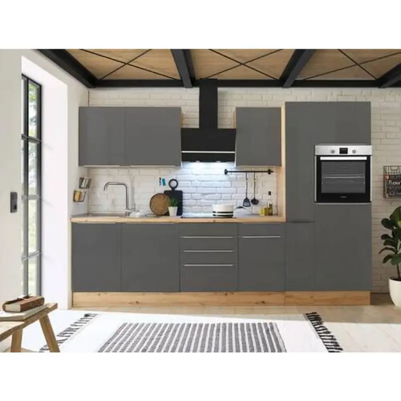 K&uuml;chenzeile Mit Ger&auml;ten B: 310 Cm Grau/eiche Dekor