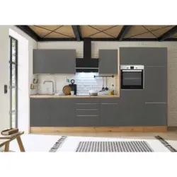 K&uuml;chenzeile Mit Ger&auml;ten B: 340 Cm Grau/eiche Dekor