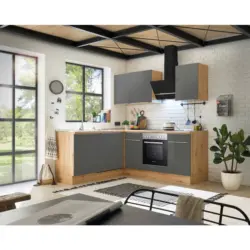 Einbauk&uuml;che Eckk&uuml;che M&ouml;belix Mit Ger&auml;ten 220x170cm Grau/eiche Dekor Modern