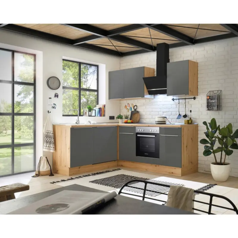 Einbauk&uuml;che Eckk&uuml;che M&ouml;belix Mit Ger&auml;ten 220x170cm Grau/eiche Dekor Modern