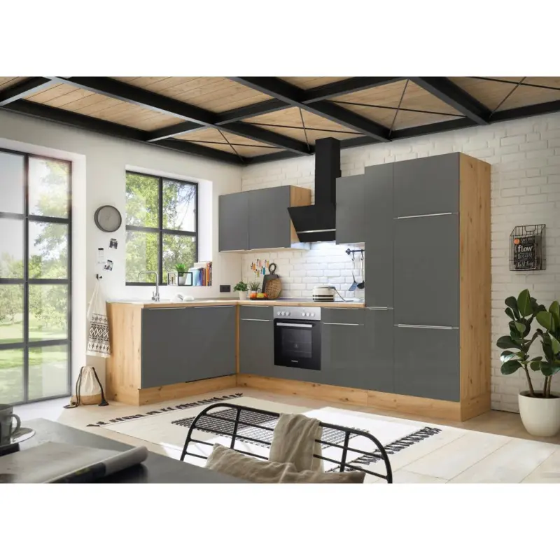 Einbauküche Eckküche Möbelix Mit Geräten 310x170 Cm Grau/eiche Dekor, Modern