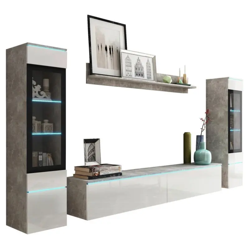 Wohnkombination 4-Tlg. Mit Led Vera, Weiß/Betonoptik