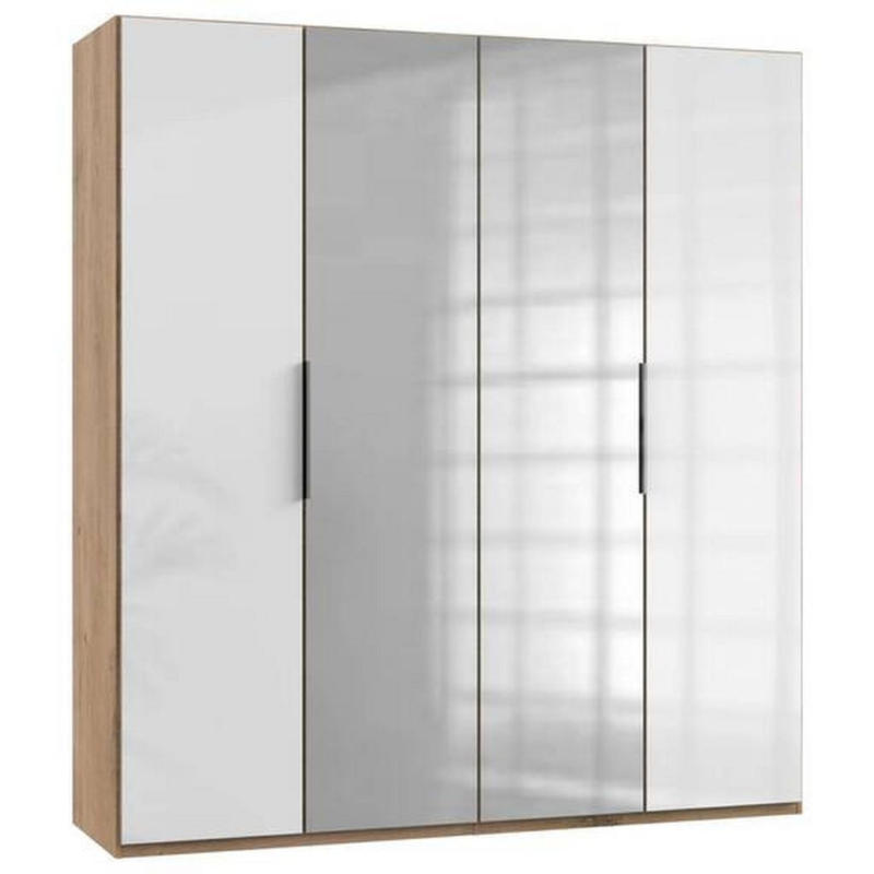 Drehtürenschrank Mit Spiegel, B: 200 cm, Weiß/Eiche Dekor