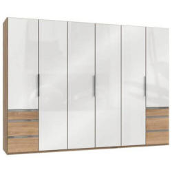 Drehtürenschrank mit Laden, B: 300 cm Weiß/Eiche Dekor