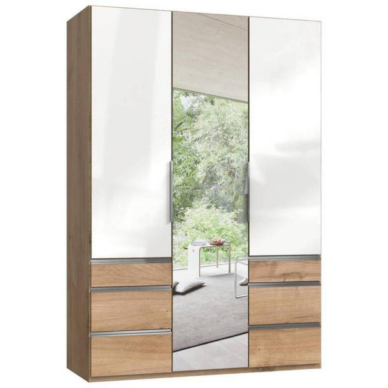 Drehtürenschrank Mit Spiegel, B: 150 cm, Weiß/Eiche Dekor