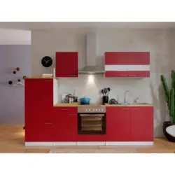 Küchenzeile ohne Geräte B: 270 cm Weiß/Rot/Nussbaum Dekor