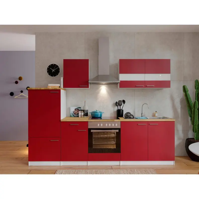Küchenzeile ohne Geräte B: 270 cm Weiß/Rot/Nussbaum Dekor