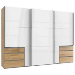 Schwebetürenschrank mit Laden B: 300 cm Weiß/Eiche Dekor