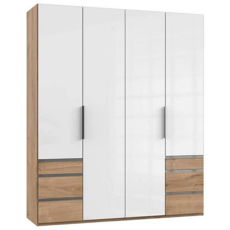 Drehtürenschrank mit Laden B: 200 cm Level, Weiß/Eiche Dekor