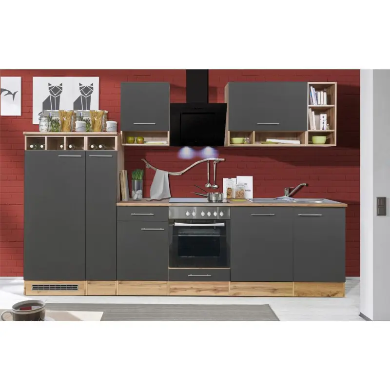 Küchenzeile ohne Geräte B: 310 cm Grau/Wildeiche Dekor