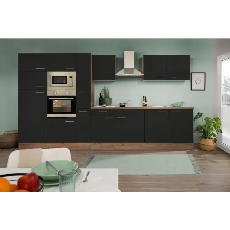 K&uuml;chenzeile ohne Ger&auml;te B: 360 cm Schwarz/Eiche Dekor