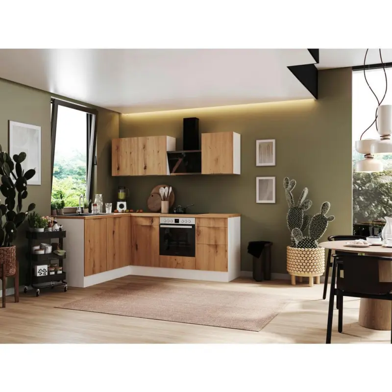 Einbauk&uuml;che Eckk&uuml;che M&ouml;belix Elisabeth mit Ger&auml;ten 175x220 cm Wei&szlig;/Eiche Dekor