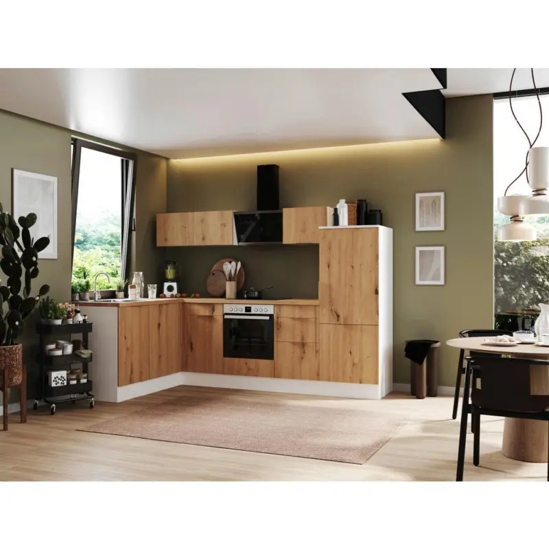 Einbauk&uuml;che Eckk&uuml;che M&ouml;belix Elisabeth mit Ger&auml;ten 175x280 cm Wei&szlig;/Eiche Dekor