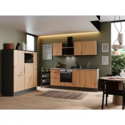 K&uuml;chenzeile mit Ger&auml;ten B: 370 cm Grau/Eiche Dekor