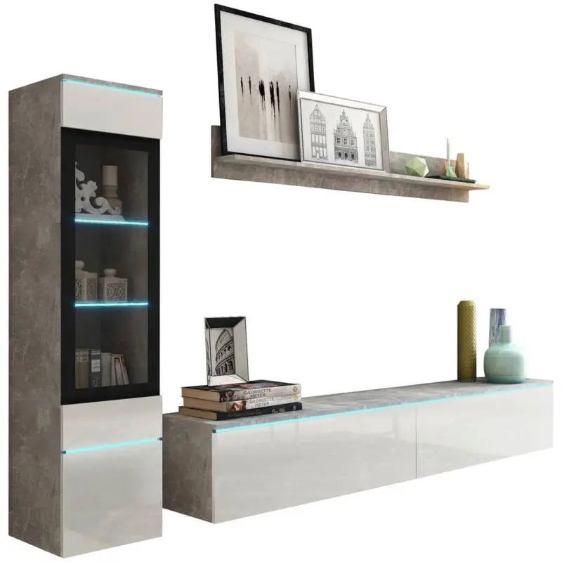 Wohnkombination 3-Tlg. mit Led Vera Wei&szlig;/Betonoptik