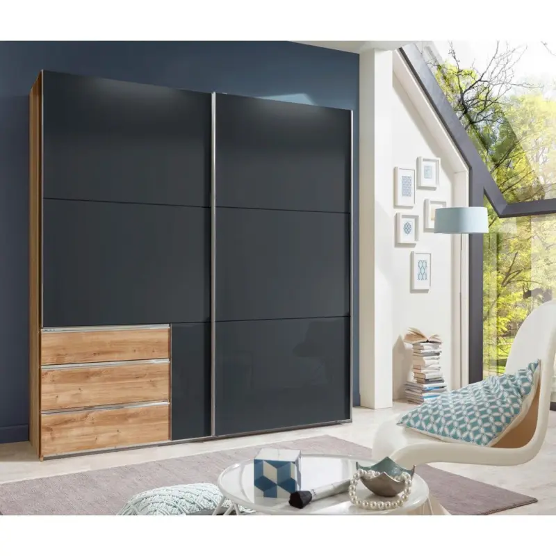 Schwebet&uuml;renschrank B: 200 cm Level Grau/Eichefarben Dekor