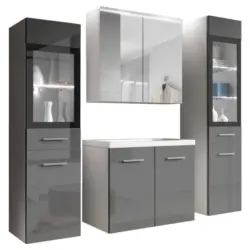 Badmöbel-Set 5-Tlg. inkl. LED Madrit Weiß/Grau Hochglanz