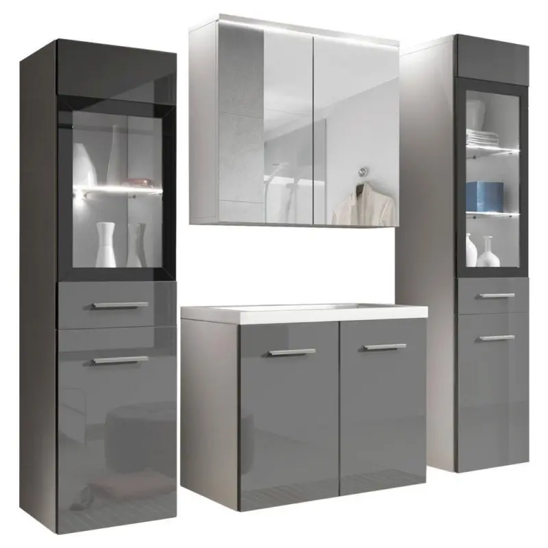 Badmöbel-Set 5-Tlg. inkl. LED Madrit Weiß/Grau Hochglanz