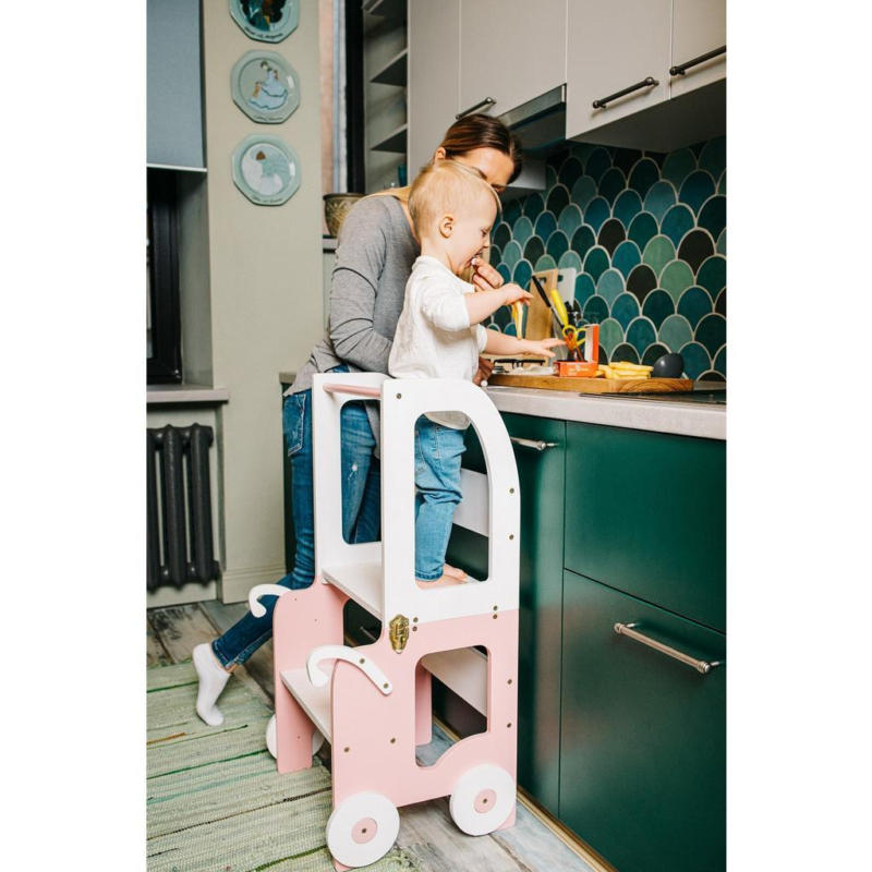 Hochstuhl Trolley aus Holz Weiß/Pink