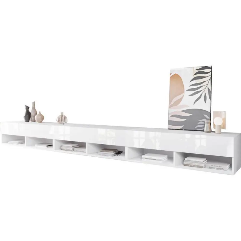 TV-Lowboard B: 300 cm Weiß/Weiß Hochglanz