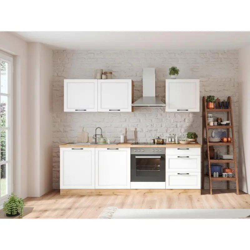 K&uuml;chenzeile Meran Mit Ger&auml;ten B: 240 Cm Wei&szlig;/eiche Dekor