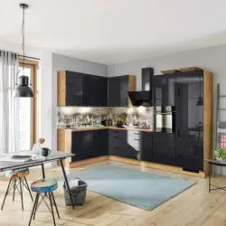 Einbauküche Eckküche Möbelix Ip4050 ohne Geräte 185x320 cm Schwarz Hochglanz