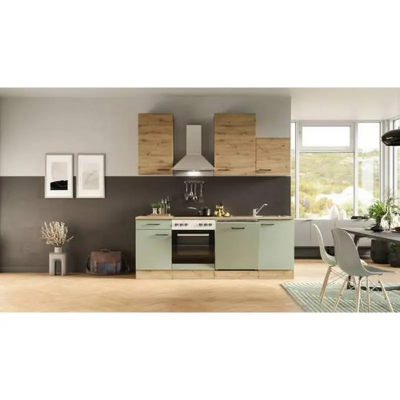 Einbauküche Küchenblock Möbelix Cara Eiche Artisan/Grün B: 220 cm