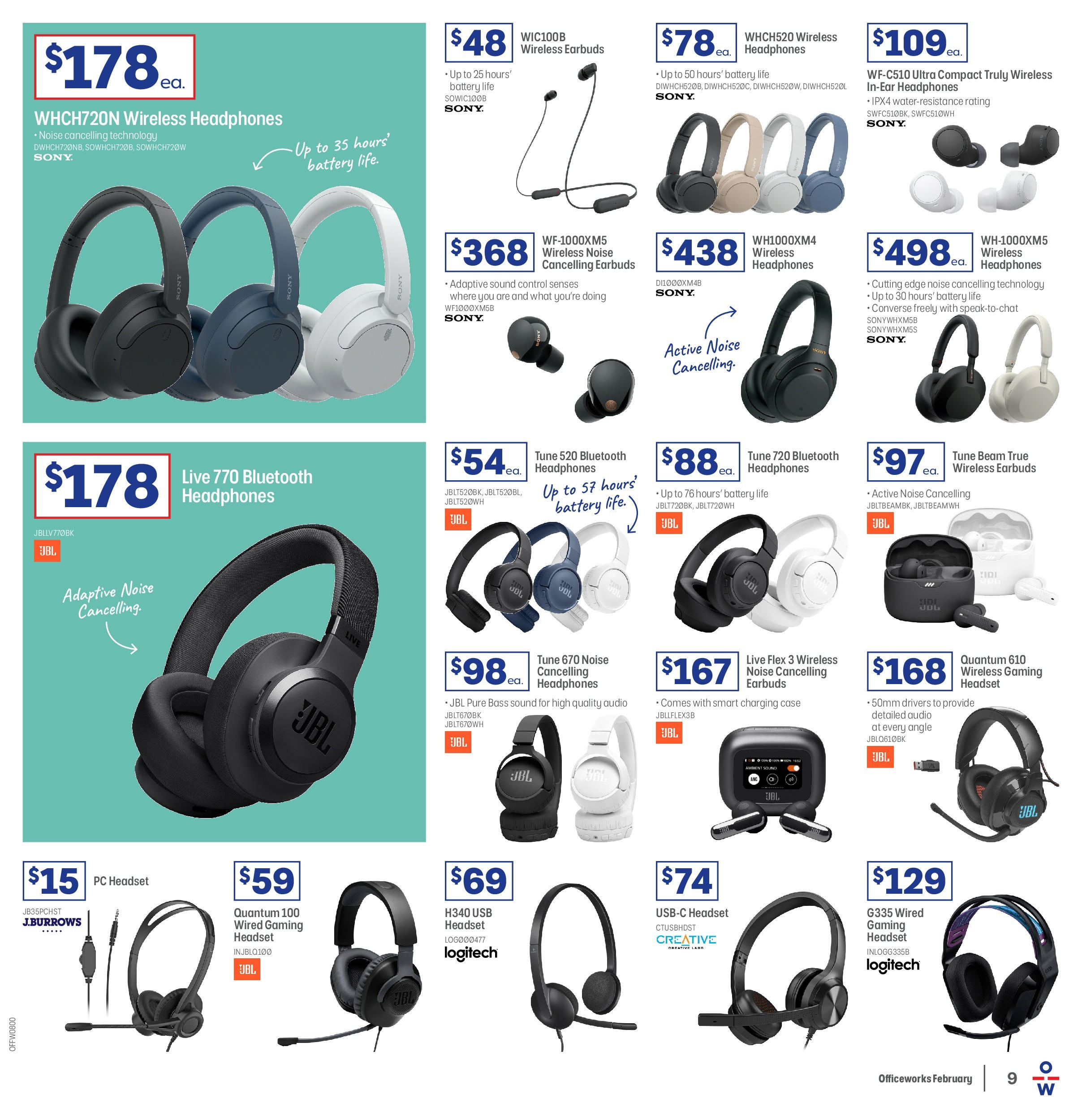 Officeworks Catalogue  - 12/02/2025 > weekly / monthly specials | Page: 9 | Products: Battery, Bluetooth headphones, Headset, Usb