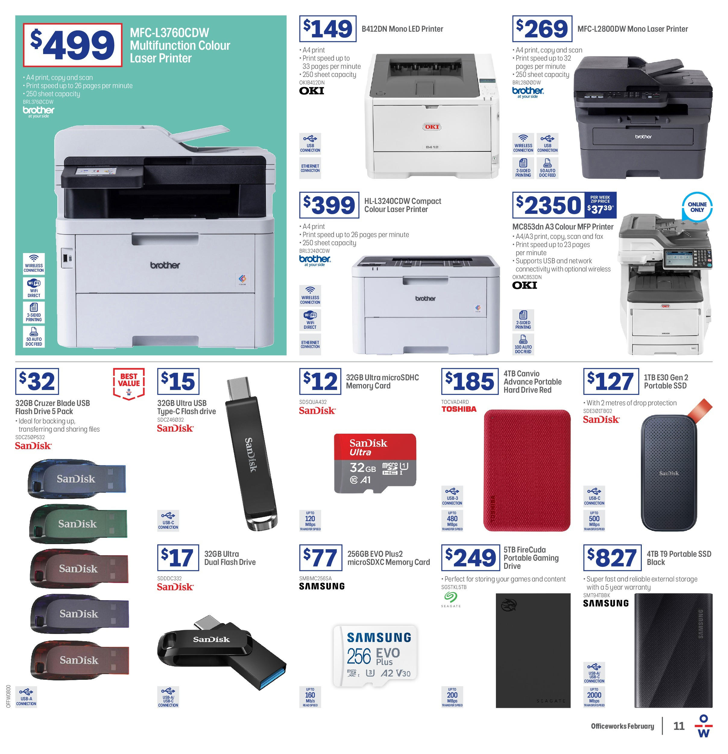 Officeworks Catalogue  - 12/02/2025 > weekly / monthly specials | Page: 11 | Products: Printer, Laser printer, Memory card, Portable