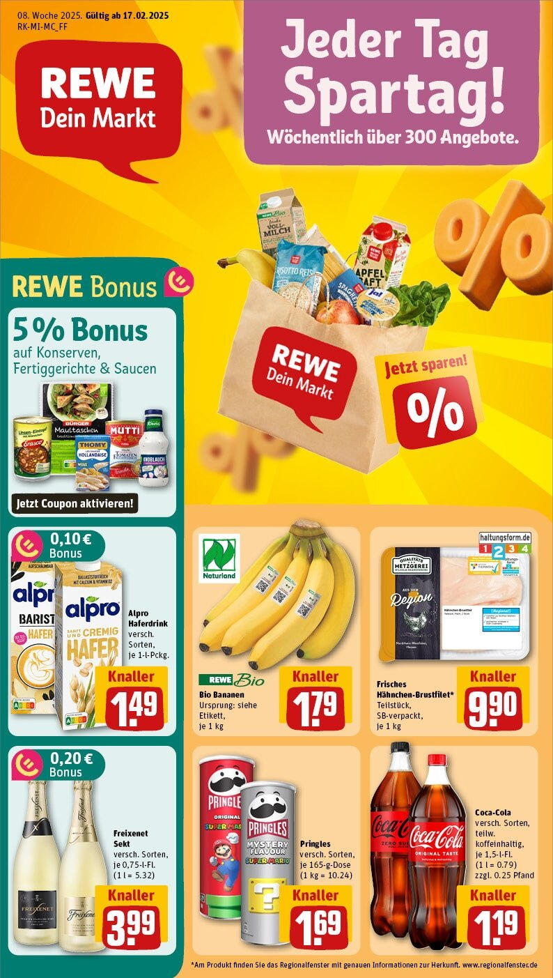 Rewe - Frankfurt Am Main, Dahlmannstraße 3 (ab 17.02.2025) zum Blättern » Angebote | Seite: 1 | Produkte: Milch, Bananen, Alpro, Pringles