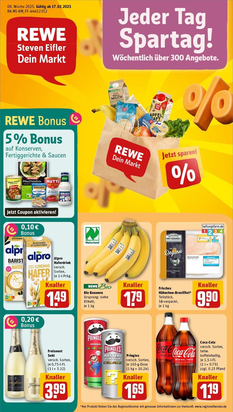 Rewe - Bad Homburg v. d. Höhe, Rathausplatz 1 (ab 17.02.2025) zum Blättern » Angebote | Seite: 1 | Produkte: Cola, Burger, Alpro, Pringles