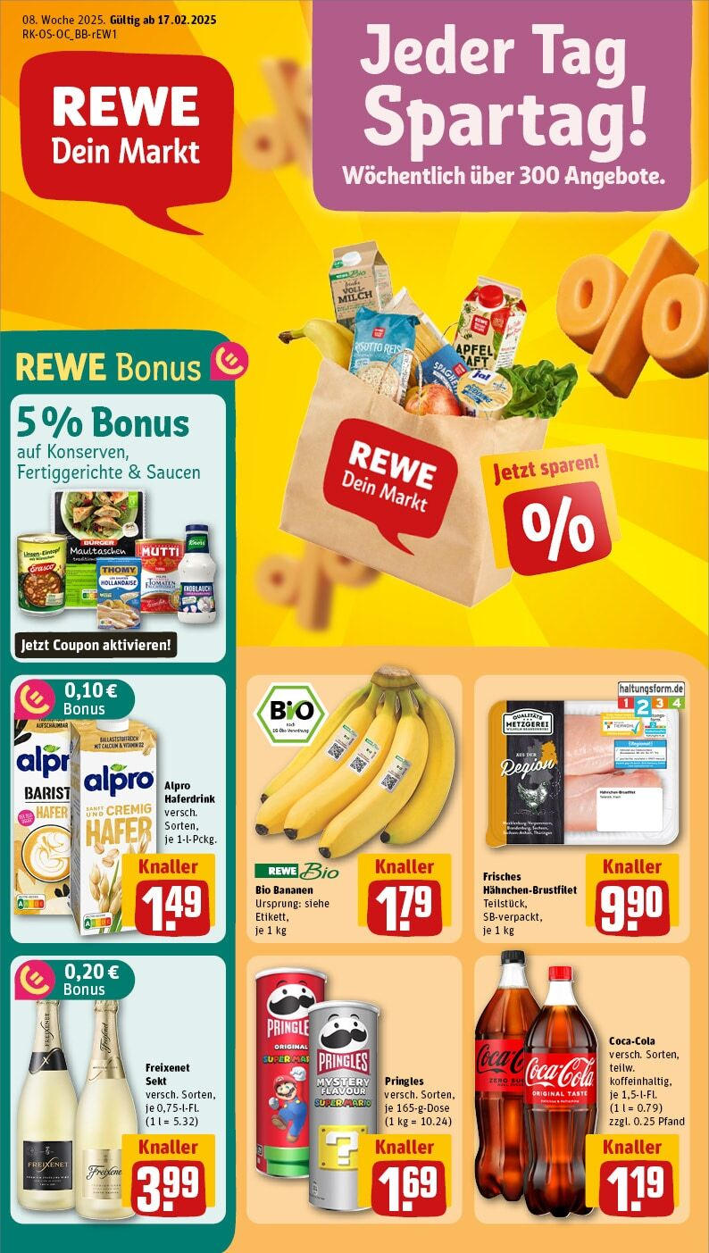 Rewe Prospekt 	 (ab 17.02.2025) zum Blättern » Angebote | Seite: 1 | Produkte: Burger, Äpfel, Reis, Pringles