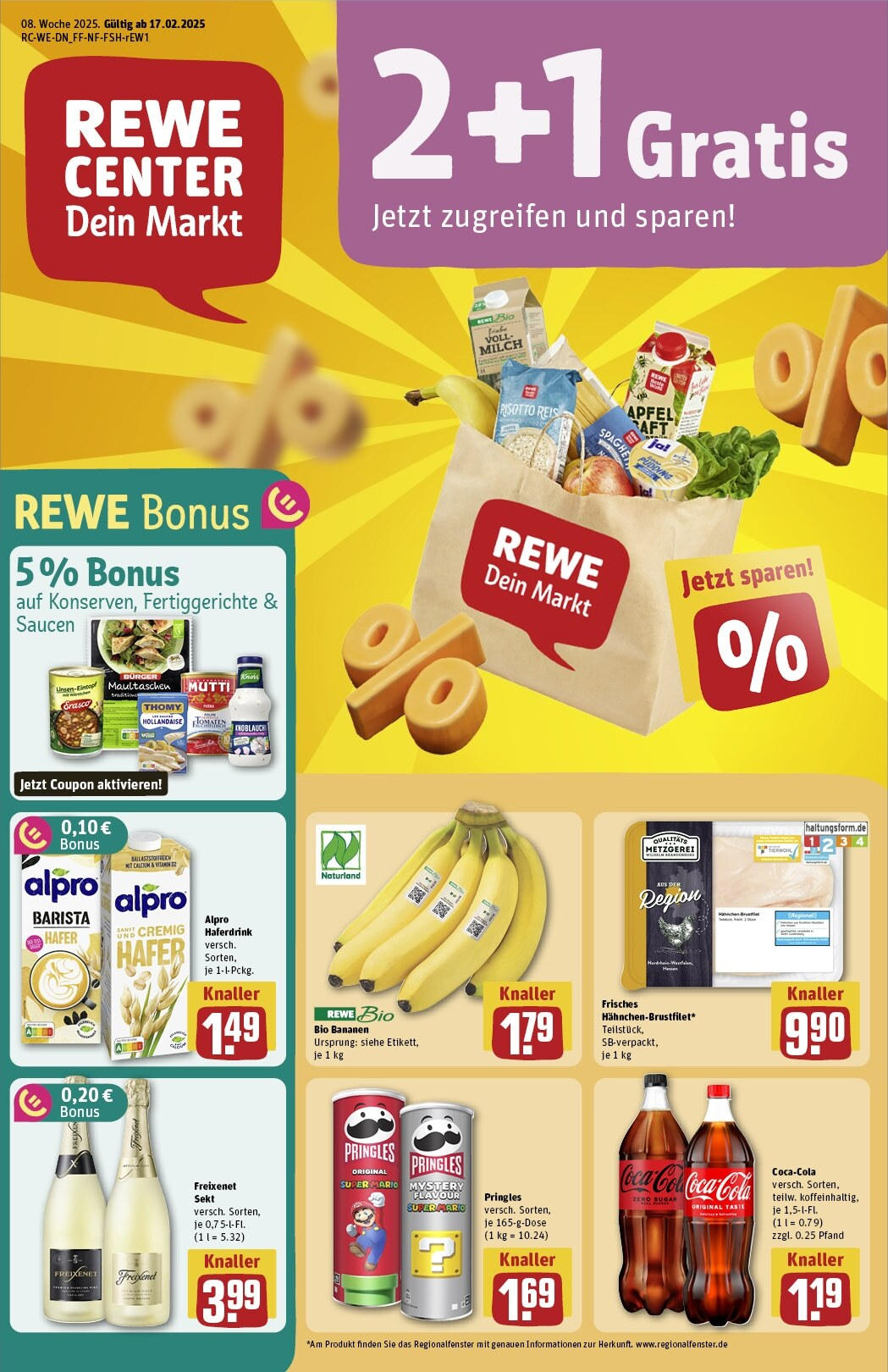 Rewe - Mönchengladbach, Ottostr. 3-5 (ab 17.02.2025) zum Blättern » Angebote | Seite: 1 | Produkte: Sekt, Bananen, Fertiggerichte, Saft