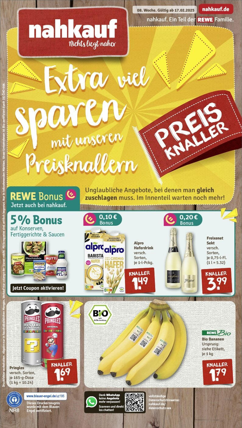 Rewe - Bakede, Heerstraße 1 (ab 17.02.2025) zum Blättern » Angebote | Seite: 1 | Produkte: Freixenet, Bananen, Haferdrink, Maultaschen